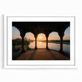 Abstract art print featuring a stylized Indian landscape in earthy tones, framed with a white mat.