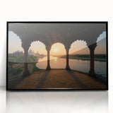 Large abstract wall art featuring a mid-century modernist style with a vibrant palette of blues and oranges.