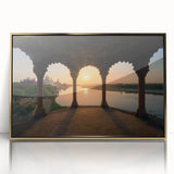 Large art print of an Indian landscape in gold tones on acrylic, framed, embodying mid-century modernist style.