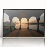 Mid-century modernist art depicting an Indian landscape in muted earth tones on a framed acrylic panel.