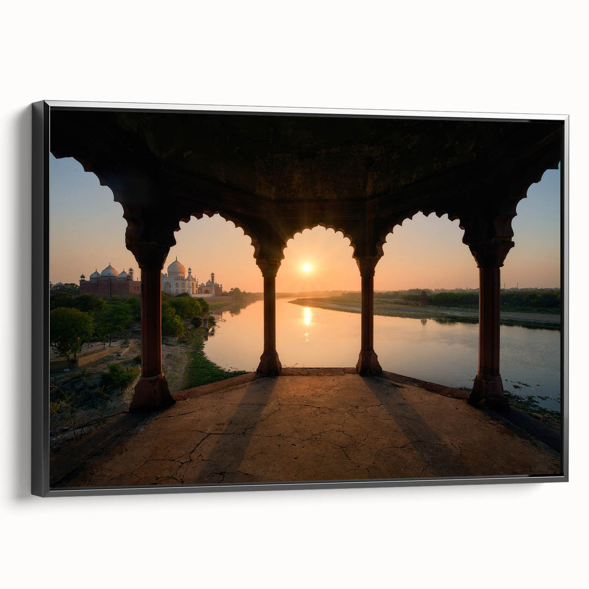 Black and white landscape art painting of an Indian scenery on framed canvas, ideal for bedroom wall decor.