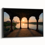 Black and white landscape art painting of an Indian scenery on framed canvas, ideal for bedroom wall decor.