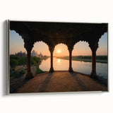 Landscape art painting of an Indian scenery in colorful hues on a framed canvas, ideal for living room decor.