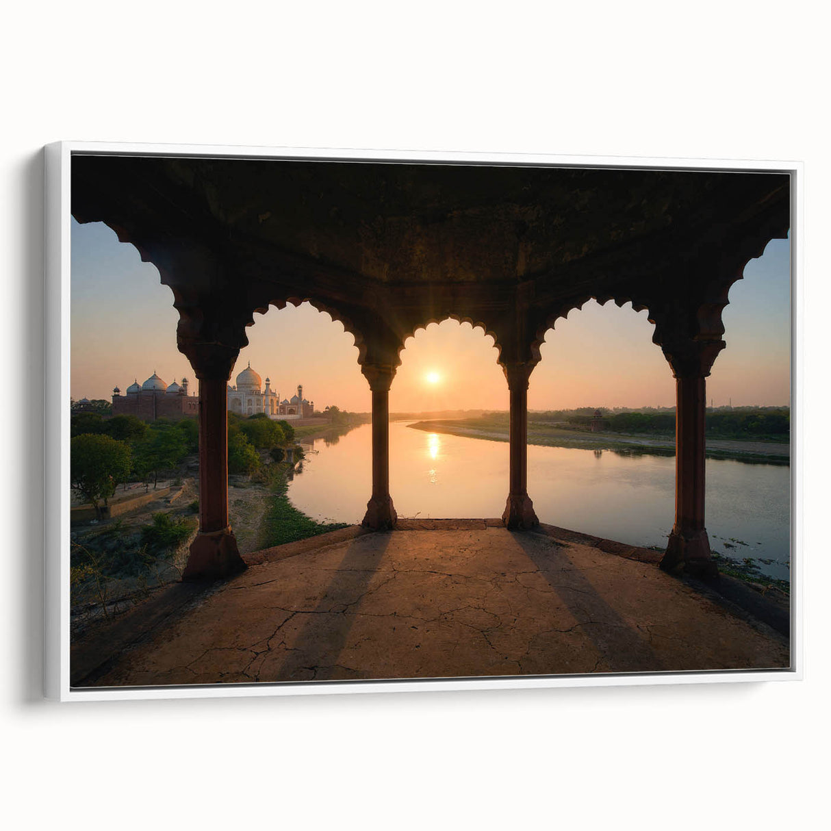 Vintage poster art of an Indian landscape in vibrant colors on a framed canvas, ideal for living room decor.