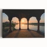 Black and white large art print of an Indian cityscape on stretched canvas, ideal for kitchen wall art.