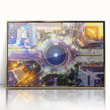 Acrylic print of an Indonesian landscape in gold and green tones, framed, ideal for modern art wall decor.