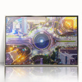 Mid-century modernist art depicting an Indonesian landscape in muted earth tones on a framed acrylic panel.