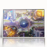 Acrylic print of a serene Indonesian landscape in muted green and blue tones, framed in white.