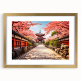 Extra large wall art of a Japanese Kyoto scenery in abstract style with textured gold frame, ideal for living room decor.