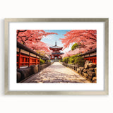 Textured abstract art print of a Kyoto scenery in muted earth tones, framed in silver, suitable for bedroom decor.