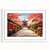 Abstract art print of Kyoto scenery in muted earth tones on a white framed canvas, ideal for dining room decor.