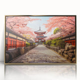 Large art print of Kyoto scenery in mid-century modernist style, acrylic framed in gold, ideal for modern art wall decor.