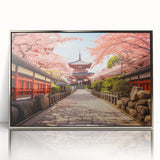 Mid-century modernist art depicting a serene Kyoto scenery in muted earth tones on a framed acrylic print.