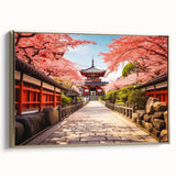 Framed canvas depicting a vintage-style Japanese landscape in Kyoto with black and gold tones, ideal for bedroom wall art.