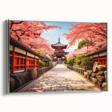 Framed canvas depicting a vintage-style Japanese landscape in Kyoto with vibrant colors on a black background.