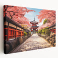 Kyoto scenery on large stretched canvas with soft green and brown tones, suitable for kitchen wall art.