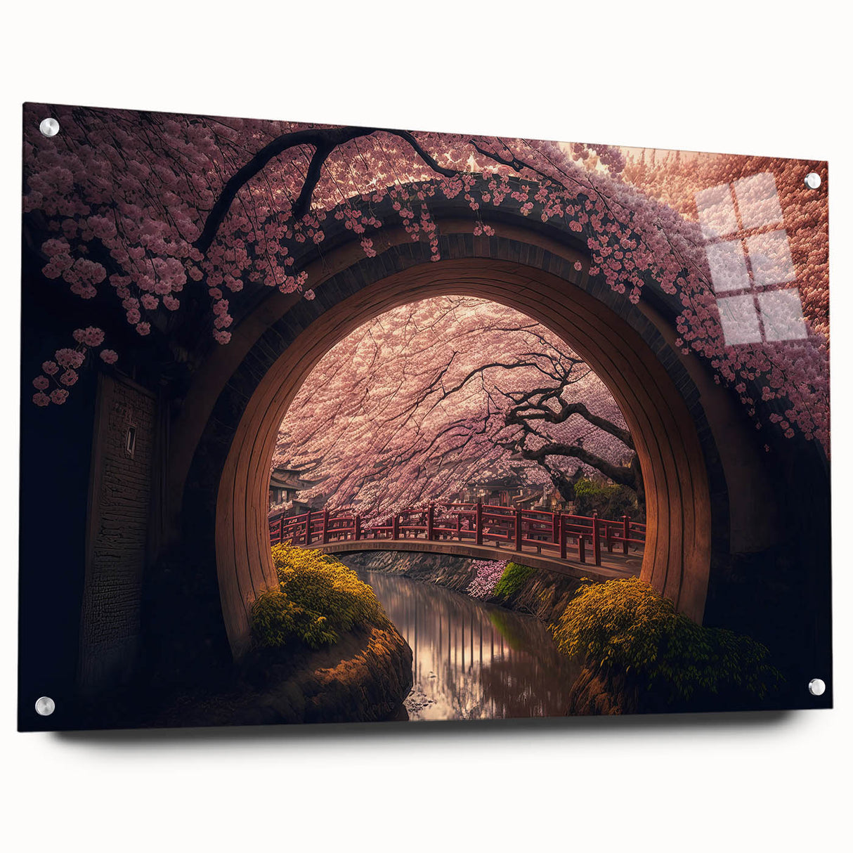 Large abstract wall art depicting a serene Japanese landscape on acrylic glass, suitable for bedroom or dining room decor.