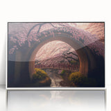 Art deco poster of a Japanese scenery in muted pastel shades on framed acrylic, ideal for modern art wall decor.