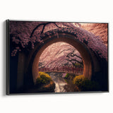 Black and white wall art featuring a vintage poster-style landscape of a Japanese scenery on framed canvas.