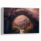 Vintage poster art of a Japanese scenery in vibrant colors on a large framed canvas, ideal for living room decor.