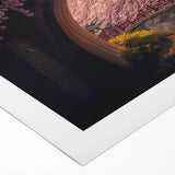 Art deco poster featuring a serene Japanese landscape in soft pastel shades on rolled canvas, ideal for dining room wall art.