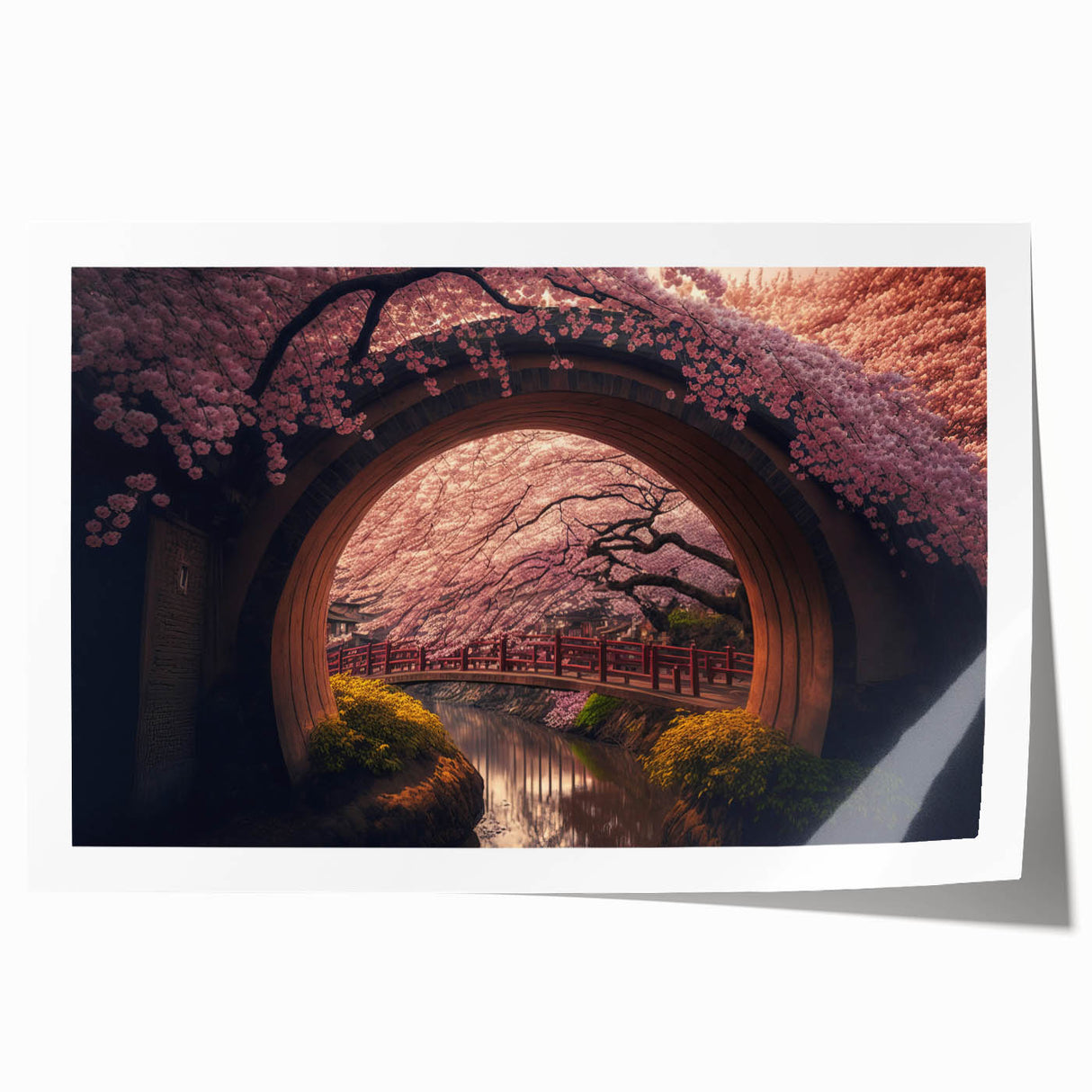 Extra large rolled print of Japanese scenery with floral elements in muted earth tones.