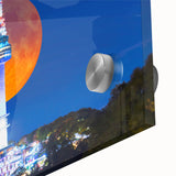 Mid-century modernist large abstract art print of Asian scenery in muted earth tones on acrylic glass.