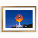 Extra large abstract art print of a textured Korean landscape in muted earth tones, framed in gold.