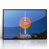 Large abstract wall art depicting a serene Korean landscape in muted earth tones, framed in black acrylic.