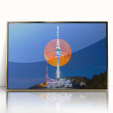 Large art print of a serene Korean landscape in muted gold and green hues on acrylic, framed.