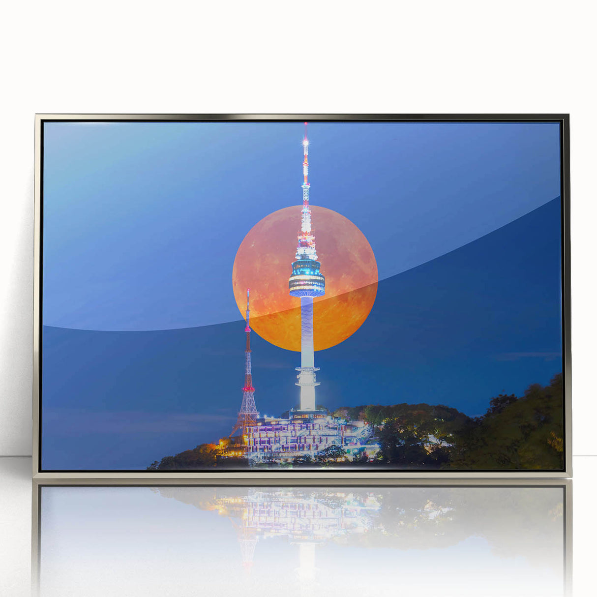 Mid-century modernist art depicting a serene Korean landscape in pastel colors on a silver-framed acrylic print.