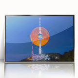 Mid-century modernist art depicting a serene Korean landscape in pastel colors on a silver-framed acrylic print.