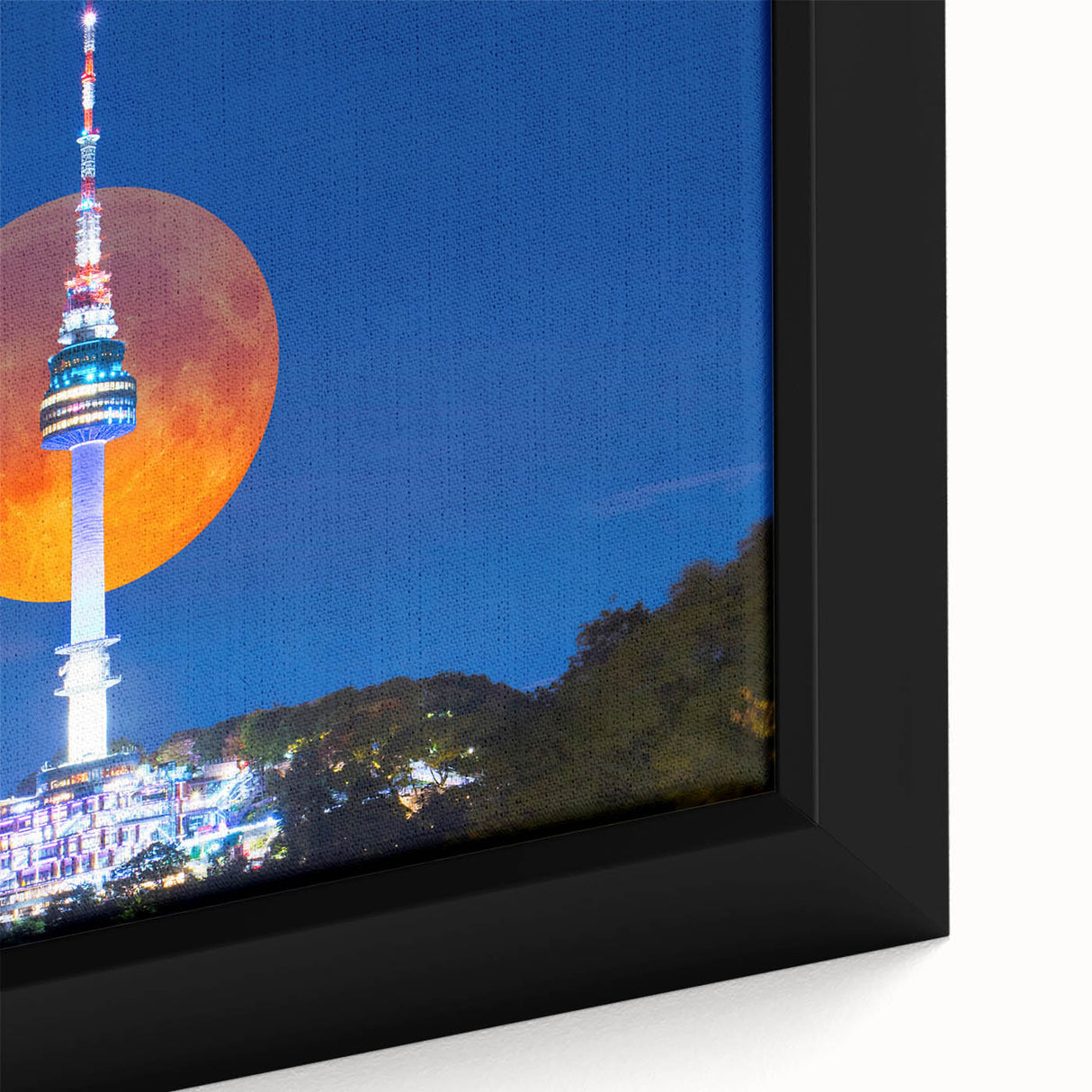 Framed canvas depicting a textured, colorful Korean landscape with vibrant greens and blues, ideal for living room decor.
