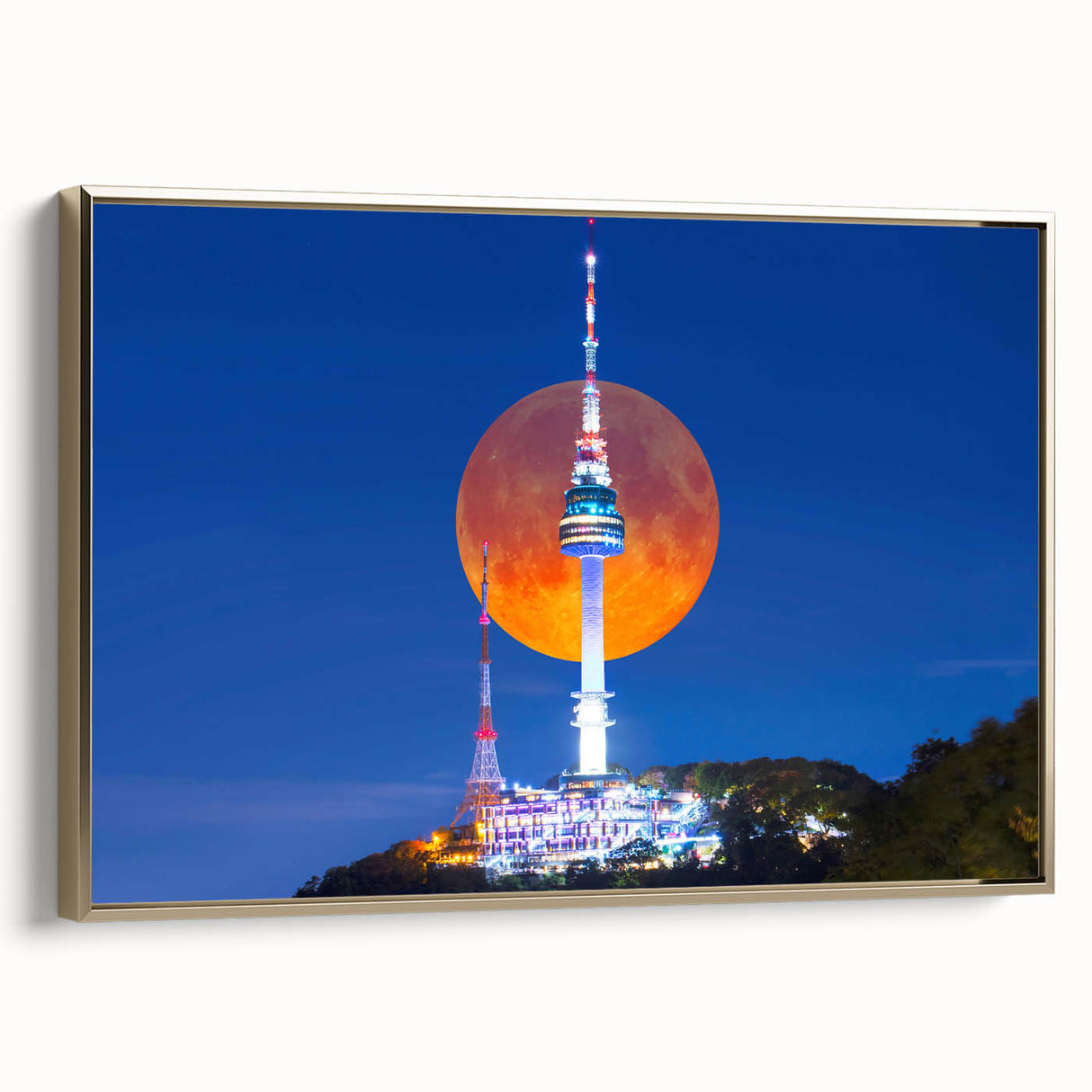 Framed canvas featuring a vintage-style Korean landscape in black and gold tones, ideal for bedroom wall decor.