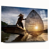 Large abstract wall art featuring a serene Laos landscape in soft blue and green tones on acrylic glass.