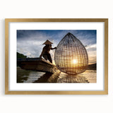 Extra large abstract art print of a Laos scenery in textured gold frame, ideal for living room decor.