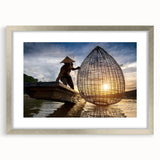 Textured abstract art print depicting a serene Laos scenery in muted earth tones on a framed silver mat.