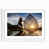 Abstract art print of a Laos landscape in muted earth tones on a framed white mat, ideal for dining room decor.