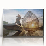 Mid-century modernist art depicting a serene Laos landscape in muted earth tones on a framed acrylic panel.