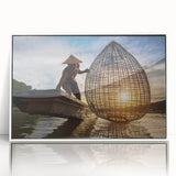 Art deco poster featuring a serene Laos landscape in muted green and blue tones on a framed acrylic print.