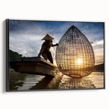 Black and white framed canvas featuring a vintage poster-style landscape of Laos, ideal for bedroom decor.