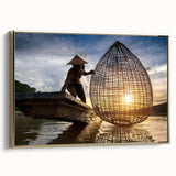Framed canvas wall art depicting a Laos landscape in vintage poster style with a gold frame, ideal for bedroom decor.