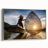 Framed canvas of a vintage-style landscape painting depicting a colorful Laotian scene.