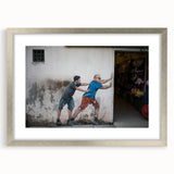 Textured abstract art print depicting a serene Malaysian landscape in cool blue and green tones, framed in silver.