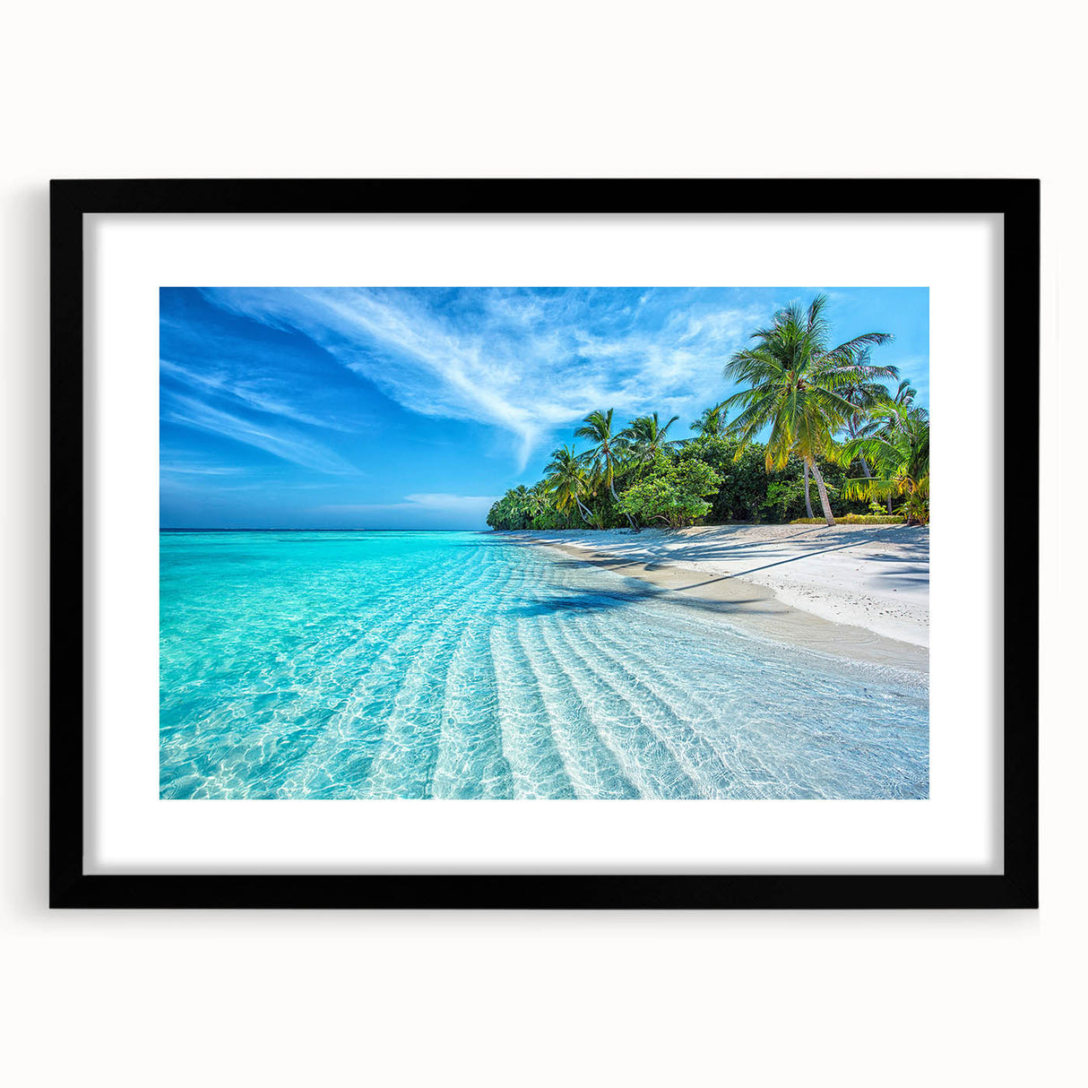 Extra large abstract art print of vibrant Maldives scenery on a textured canvas, framed in black.