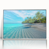 Acrylic print of a serene Maldivian landscape in muted blue and white tones, framed in white.