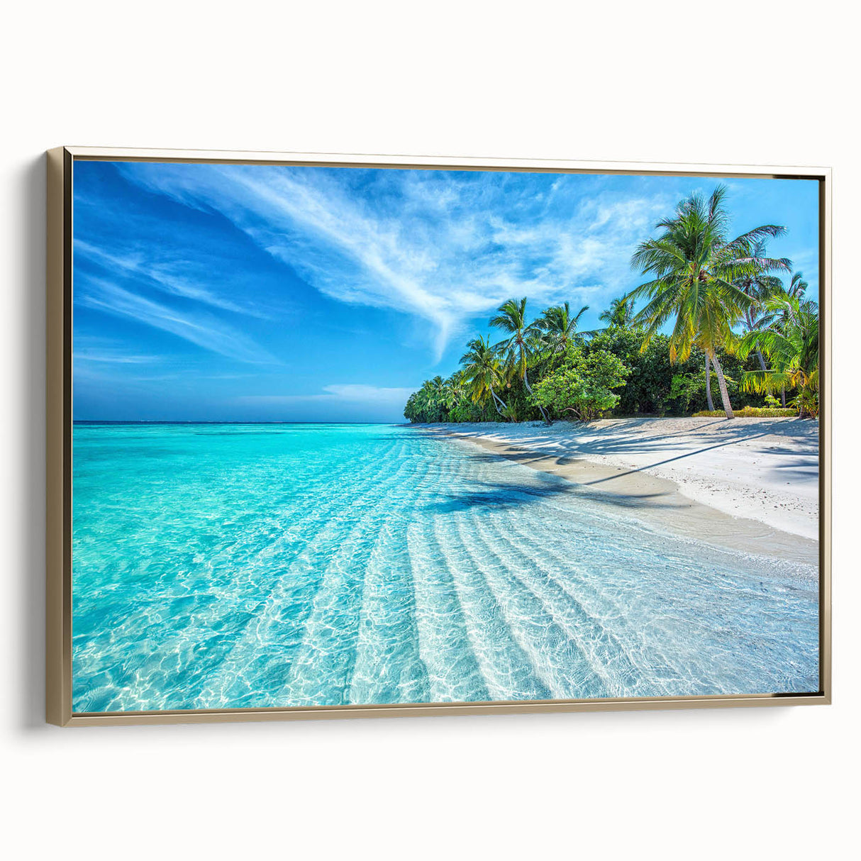 Framed canvas featuring a serene Maldivian landscape with lush greenery and calm waters, ideal for bedroom wall art.