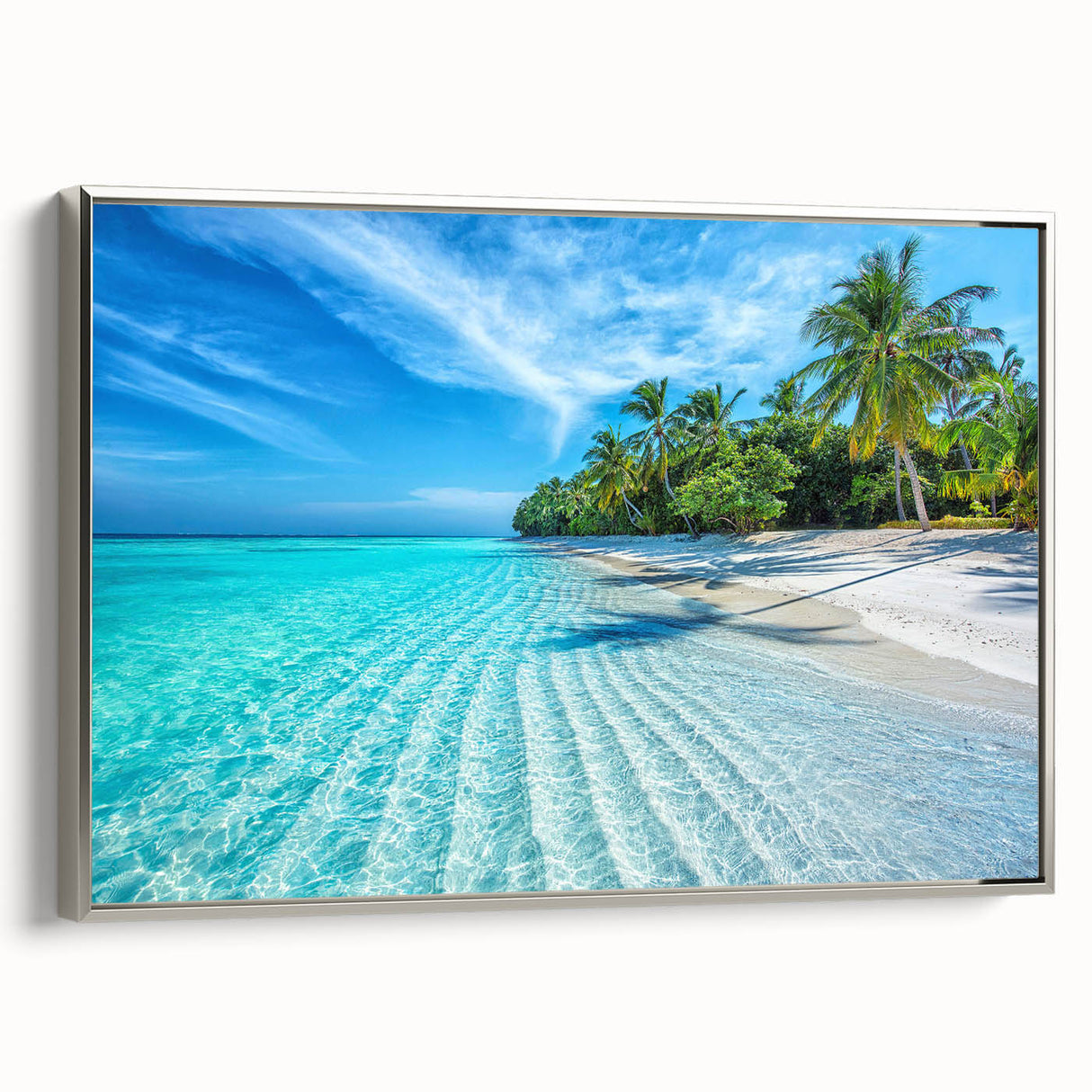 Framed canvas depicting a serene Maldivian landscape with vivid blue waters and lush greenery, ideal for living room decor.