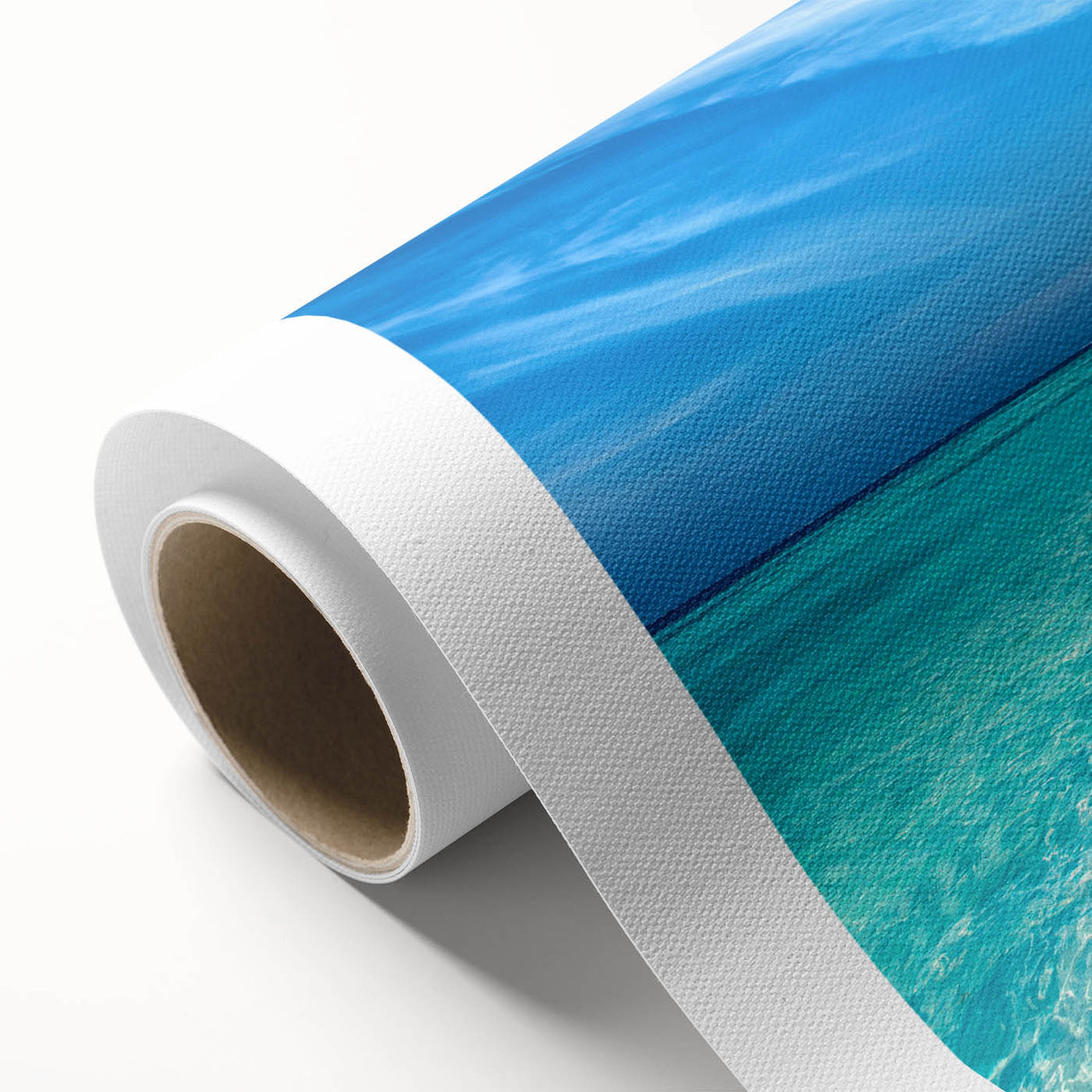 Art Deco style poster of Maldives scenery on rolled canvas, featuring serene blue and white tones.