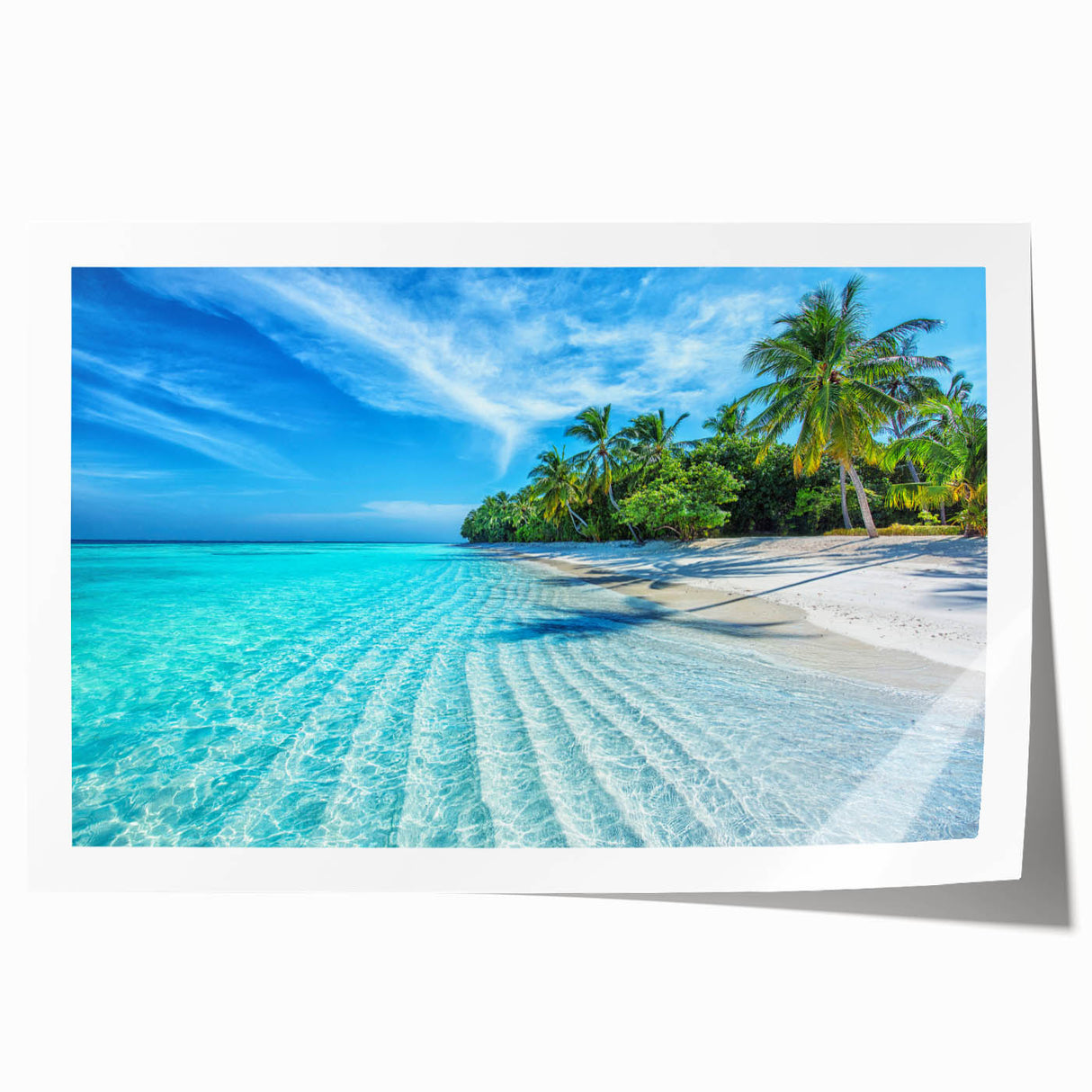 Extra large rolled print depicting a serene Maldives beach scene in soft blues and greens.